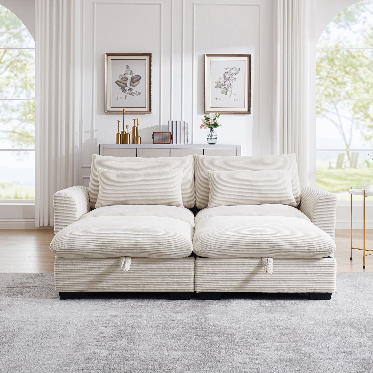 Cream corduroy sectional sofa with plush cushions perfect for modern living rooms