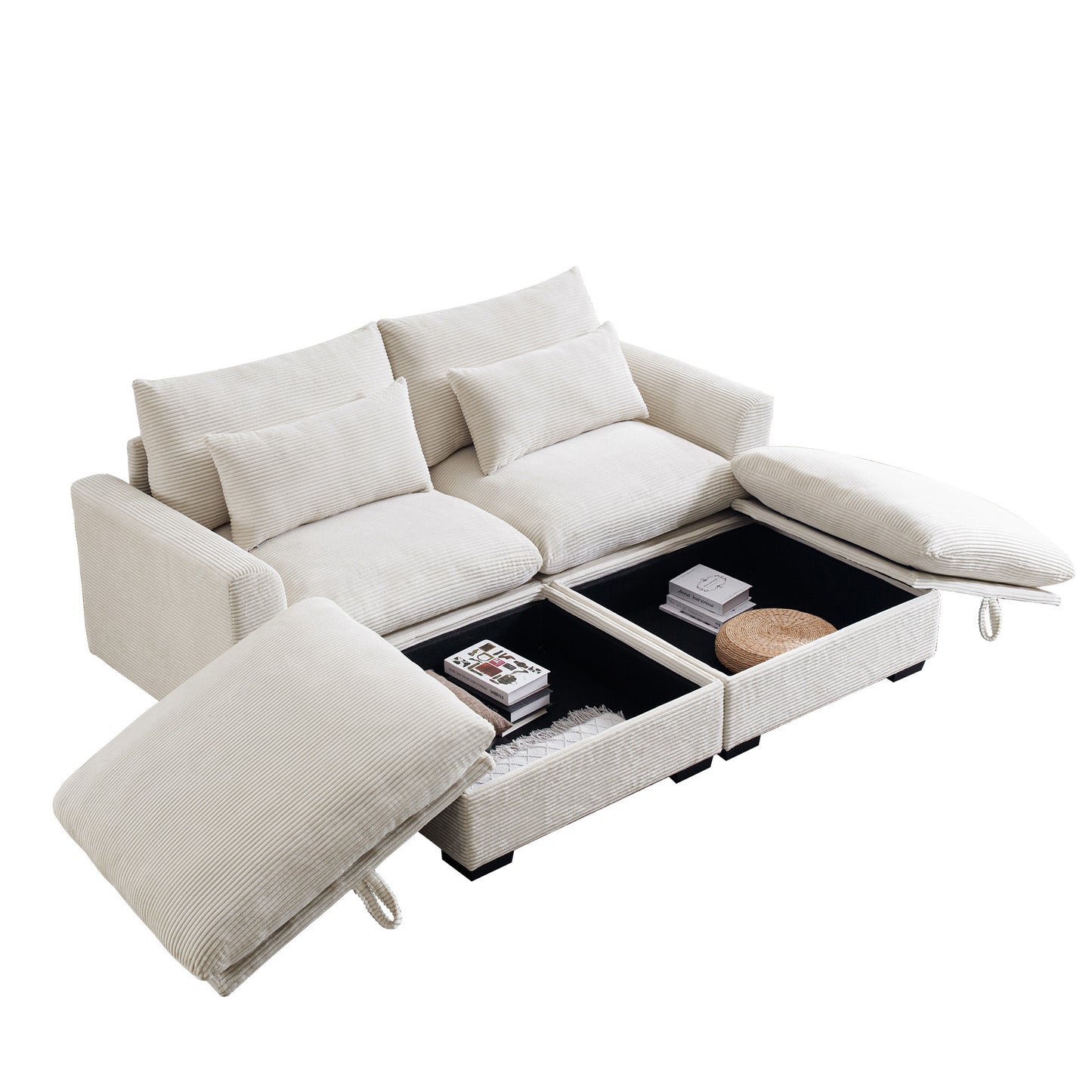 Cream corduroy sectional sofa with hidden storage compartments open for display