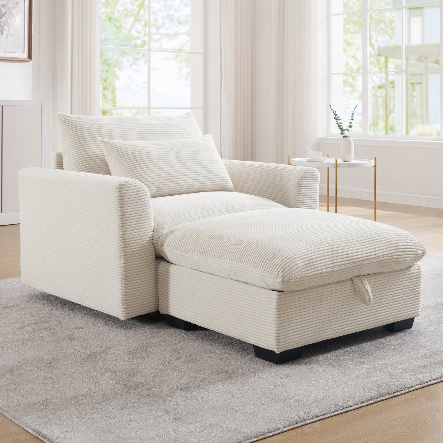 Plush ivory corduroy chaise lounge with storage perfect for relaxation