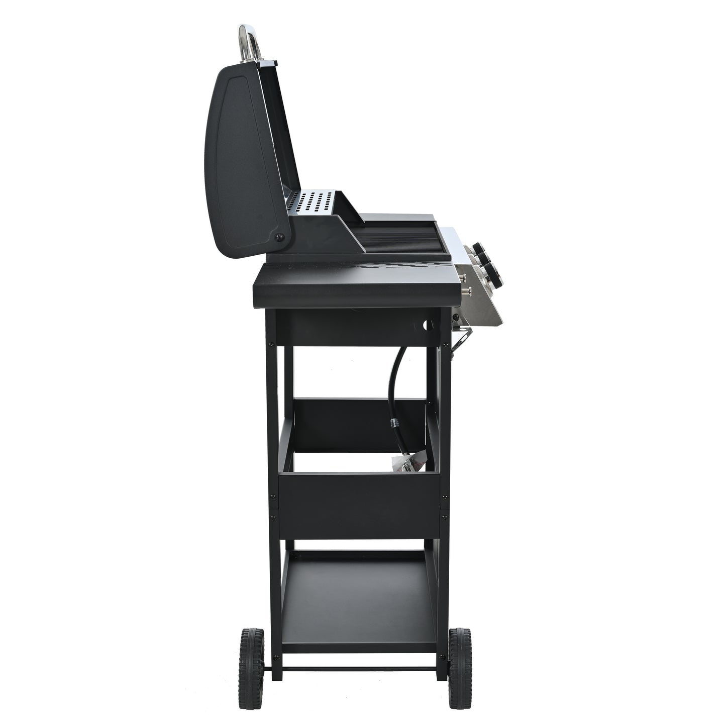 Black gas grill with two wheels and open lid ideal for outdoor cooking