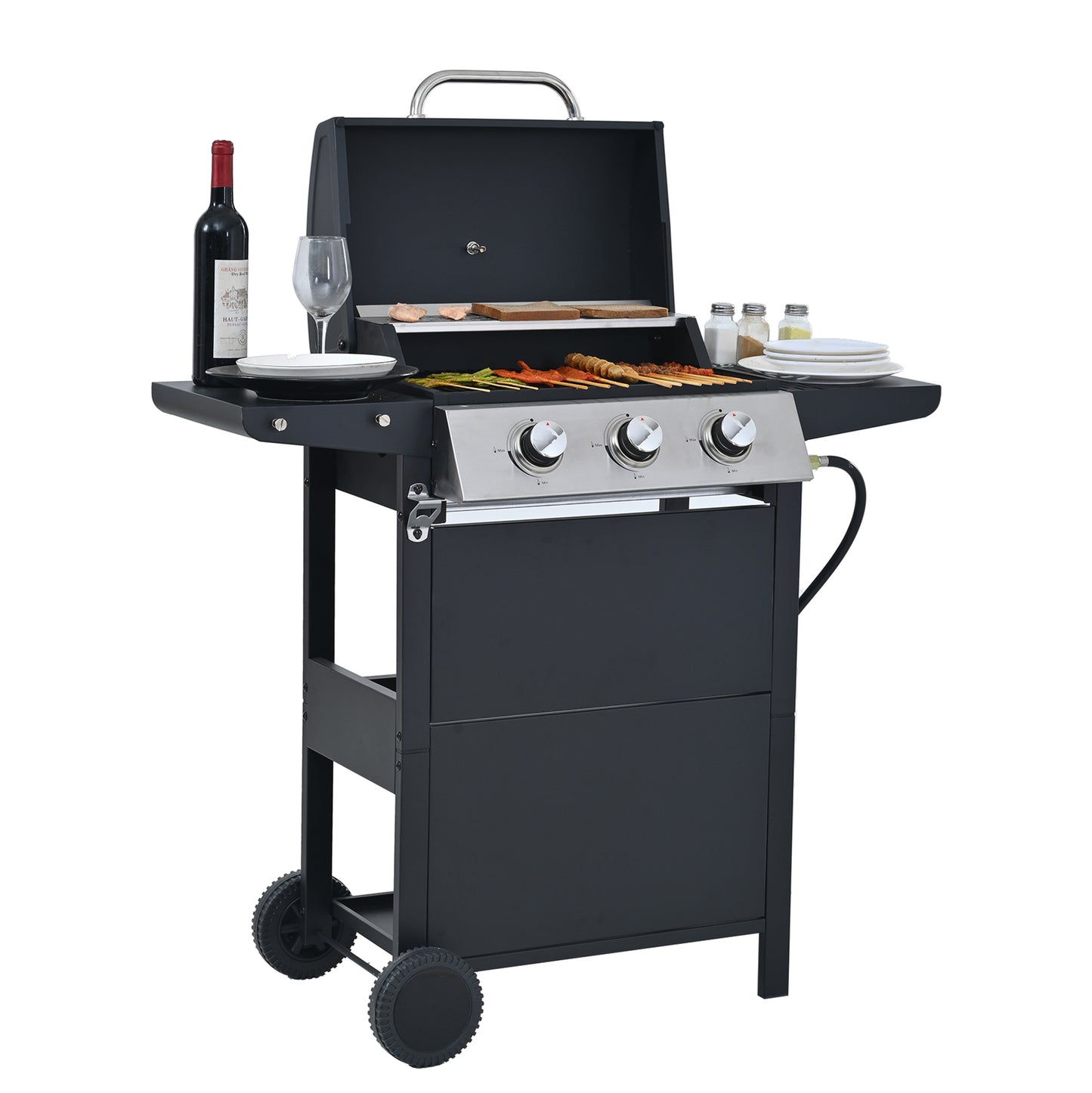 Black gas grill with open lid food and wine setup