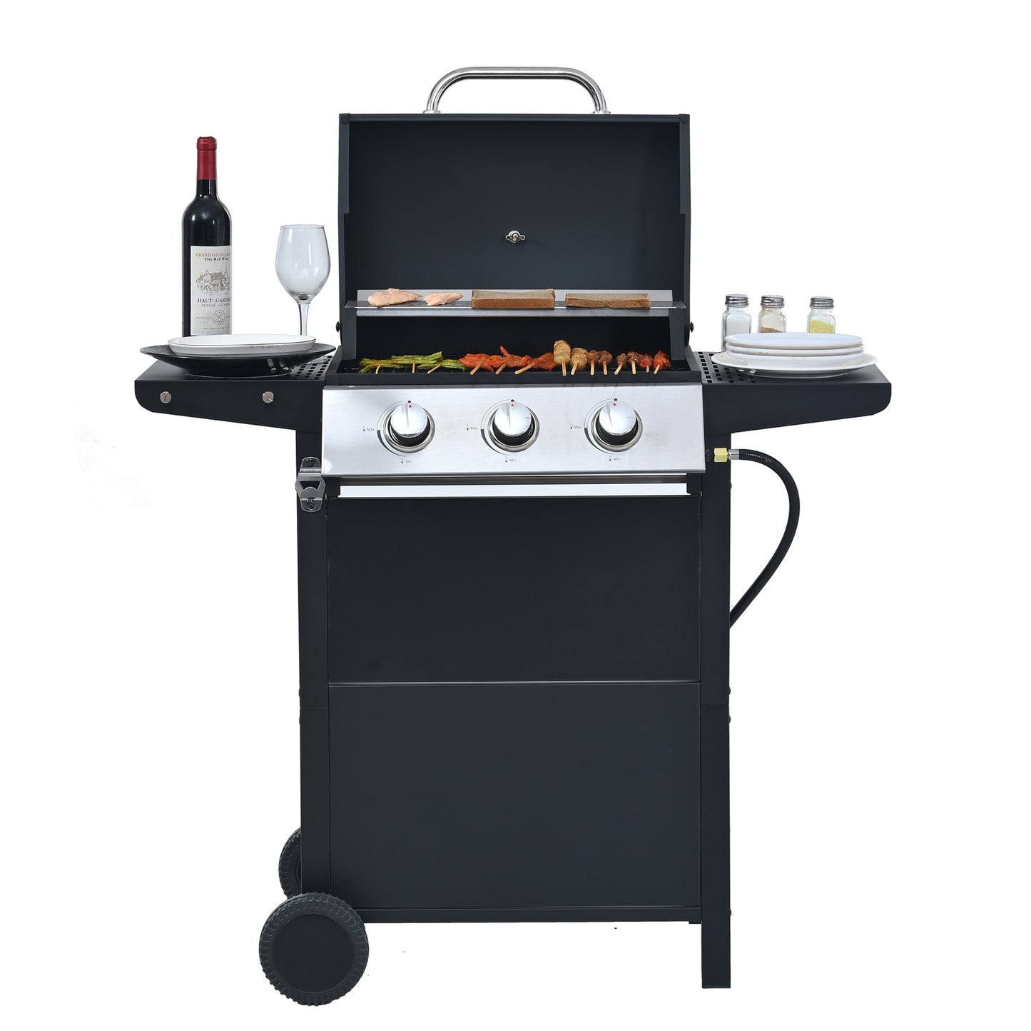 Black propane grill with three burners cooking skewers and vegetables
