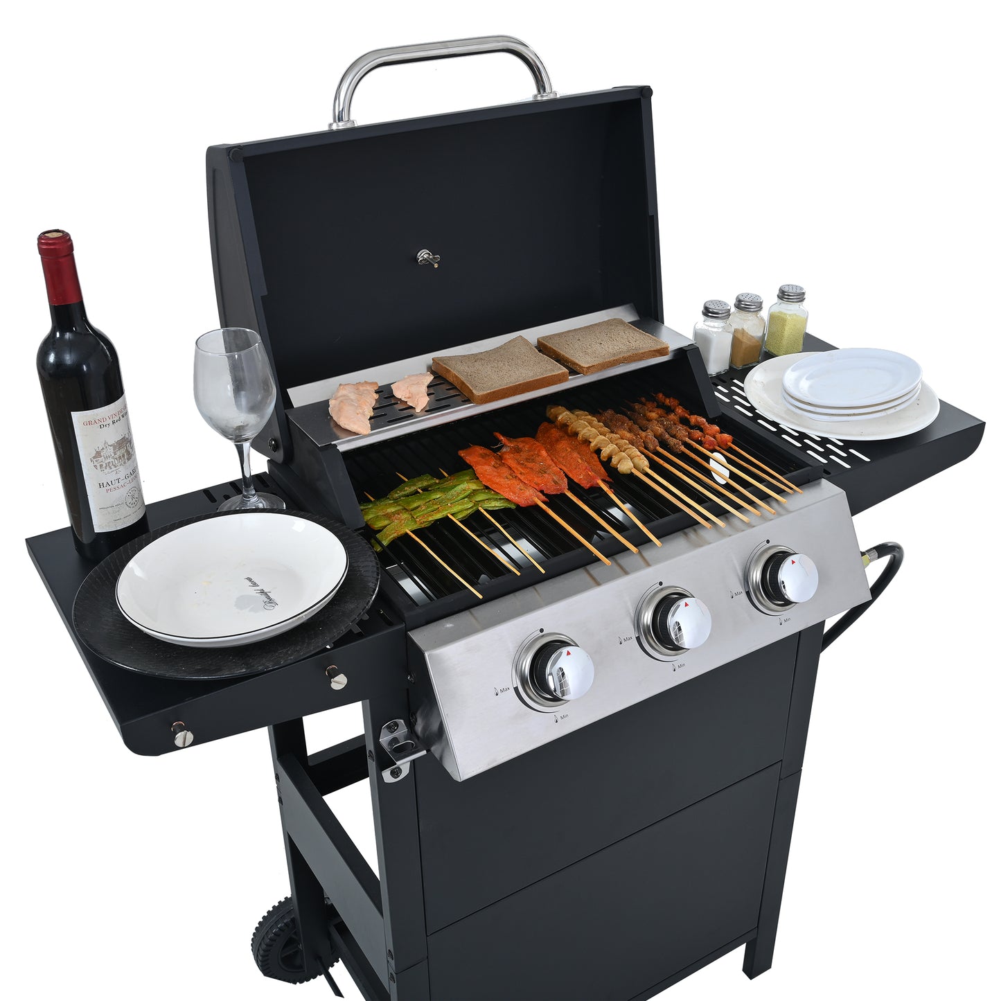 Black propane grill with skewers of chicken beef and vegetables cooking on grates