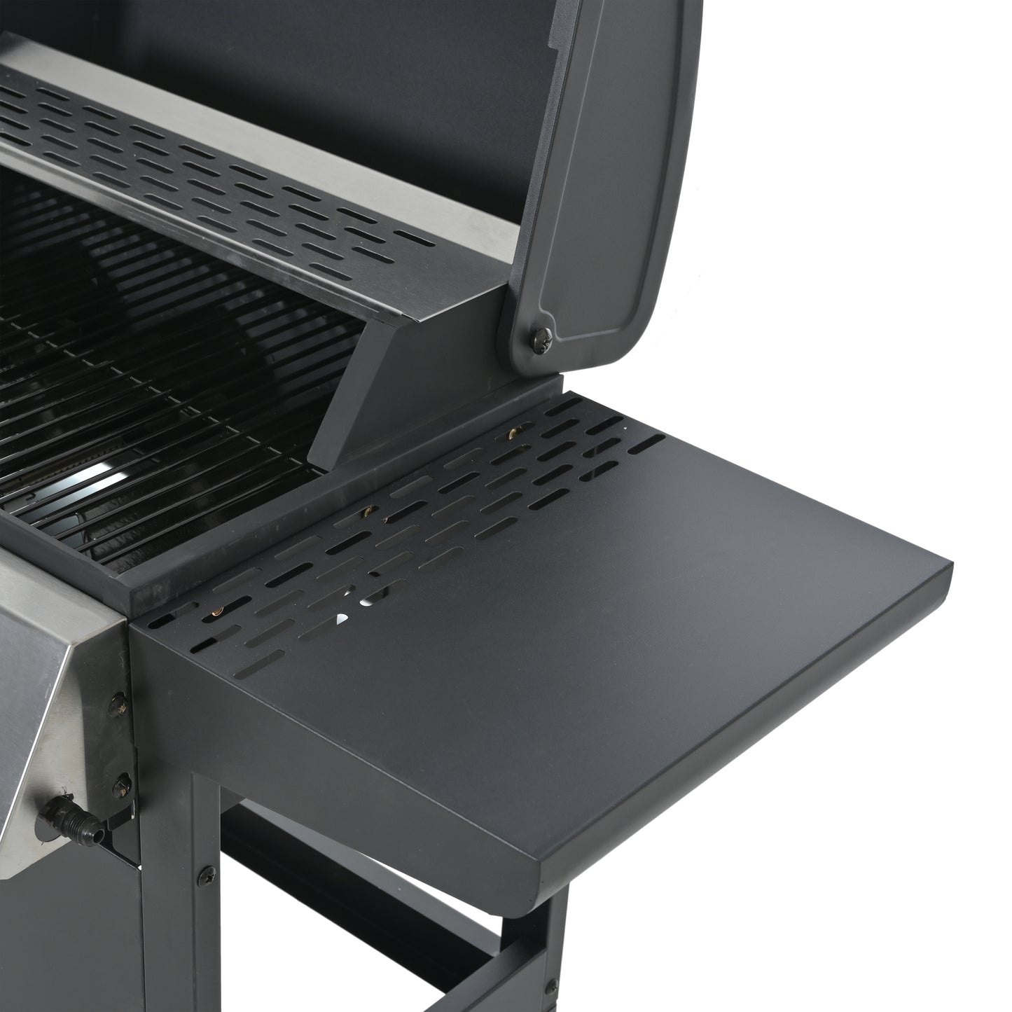 Black gas grill with stainless steel accents and a foldout side prep table