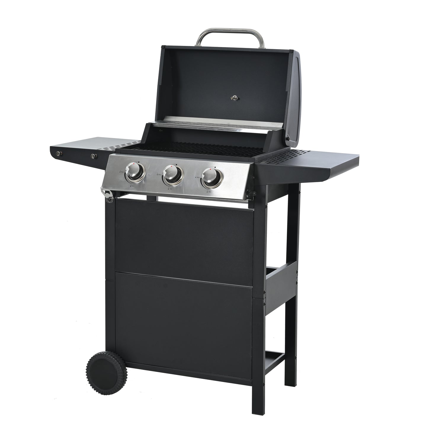 Black burner propane gas grill with stainless steel control panel ideal for backyard cooking