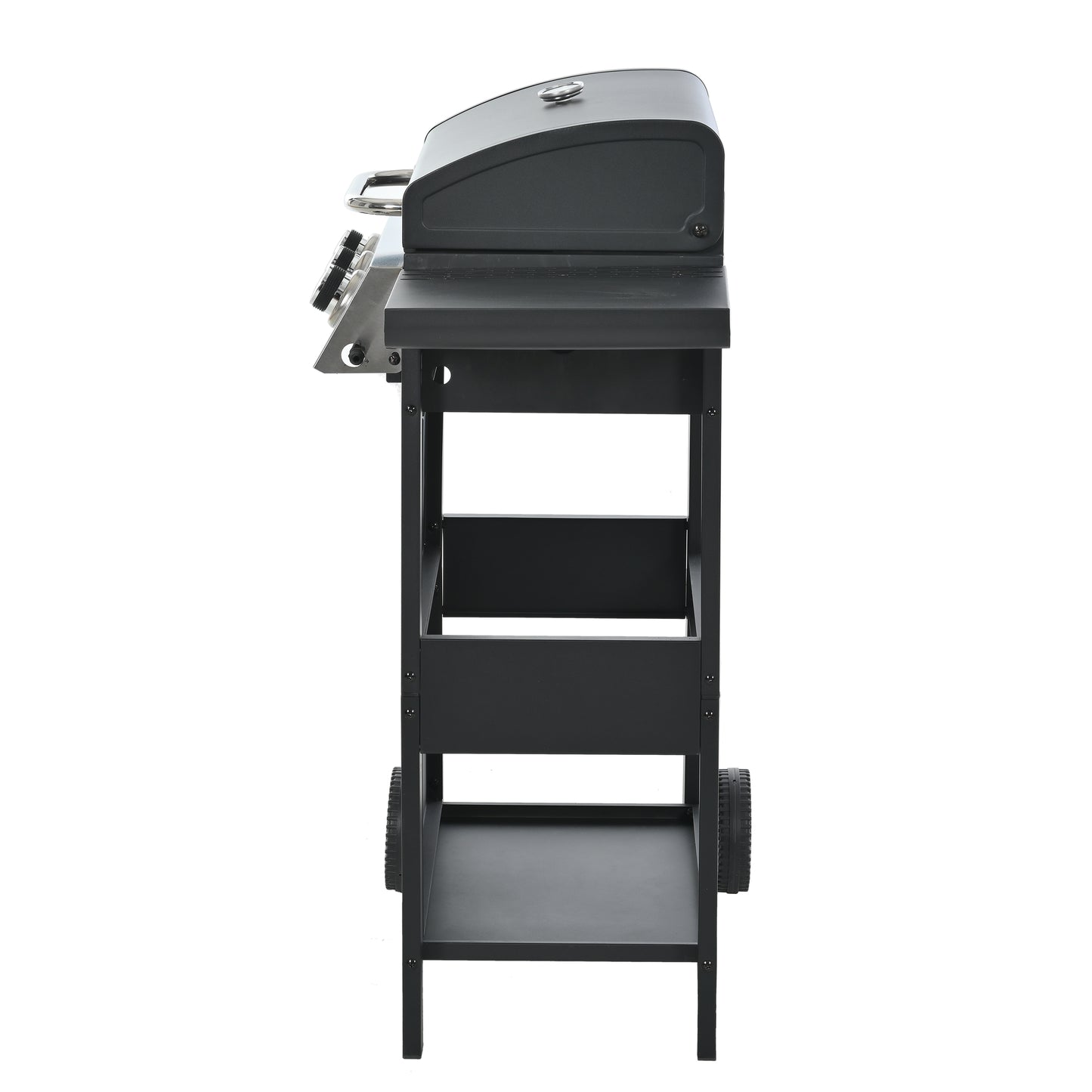 Black gas grill with side shelf and two wheels perfect for outdoor cooking