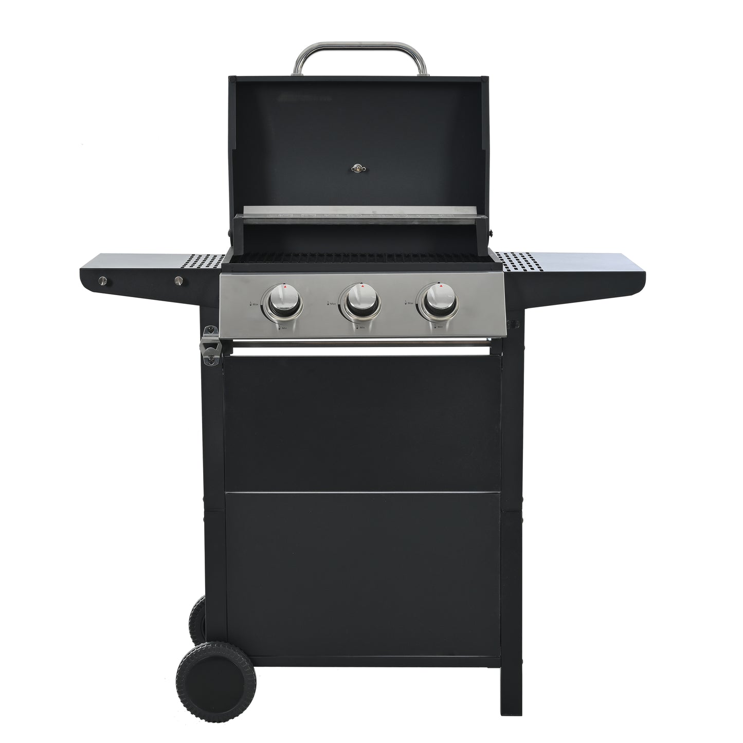 Black threeburner gas grill with stainless steel control knobs and side shelves for outdoor cooking