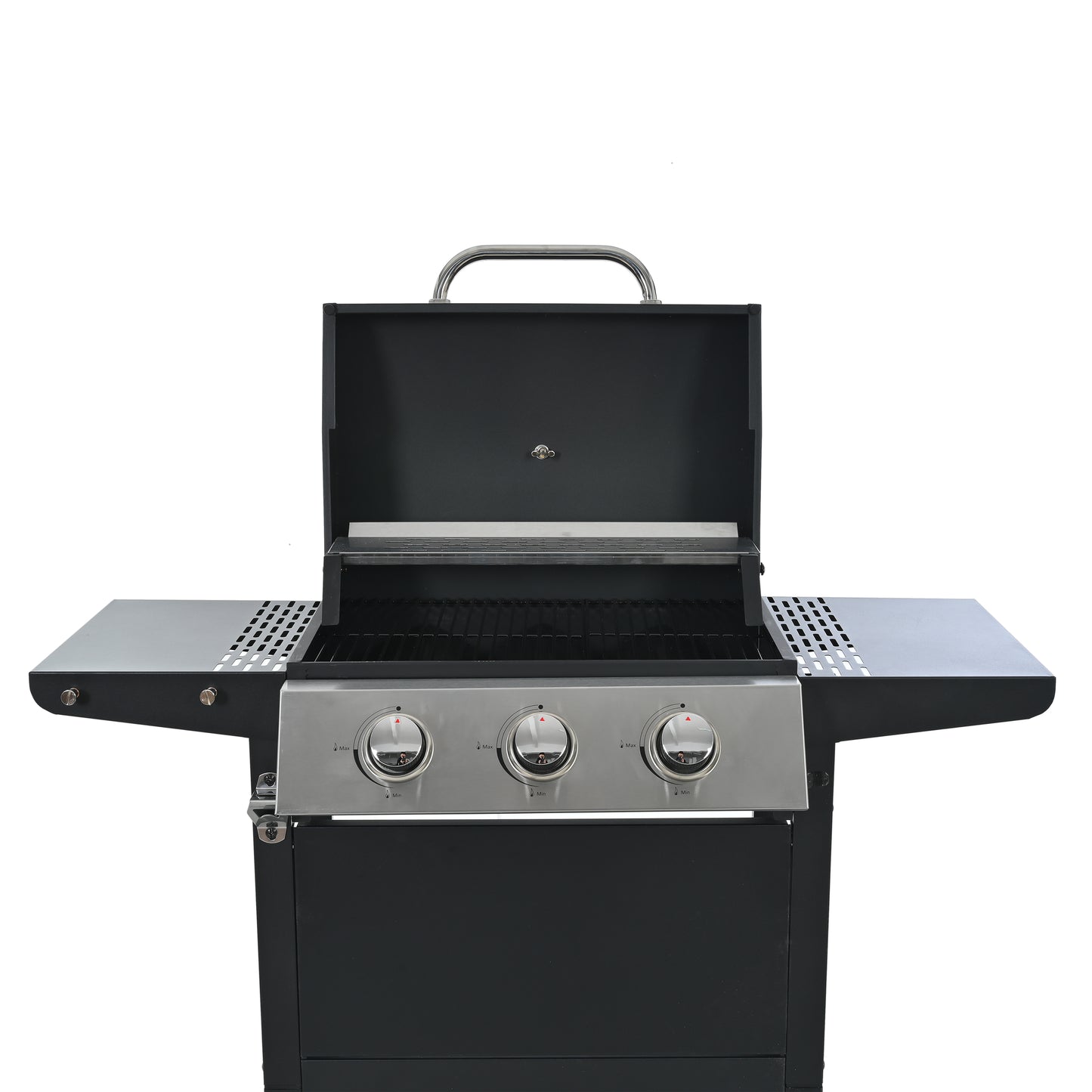 Black threeburner gas grill with stainless steel control panel and chrome handle