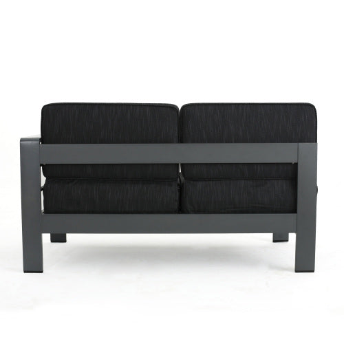 Gray aluminum patio sofa with black textured cushions modern outdoor furniture