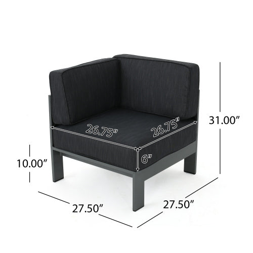 Black upholstered outdoor sectional chair with grey metal frame seat depth