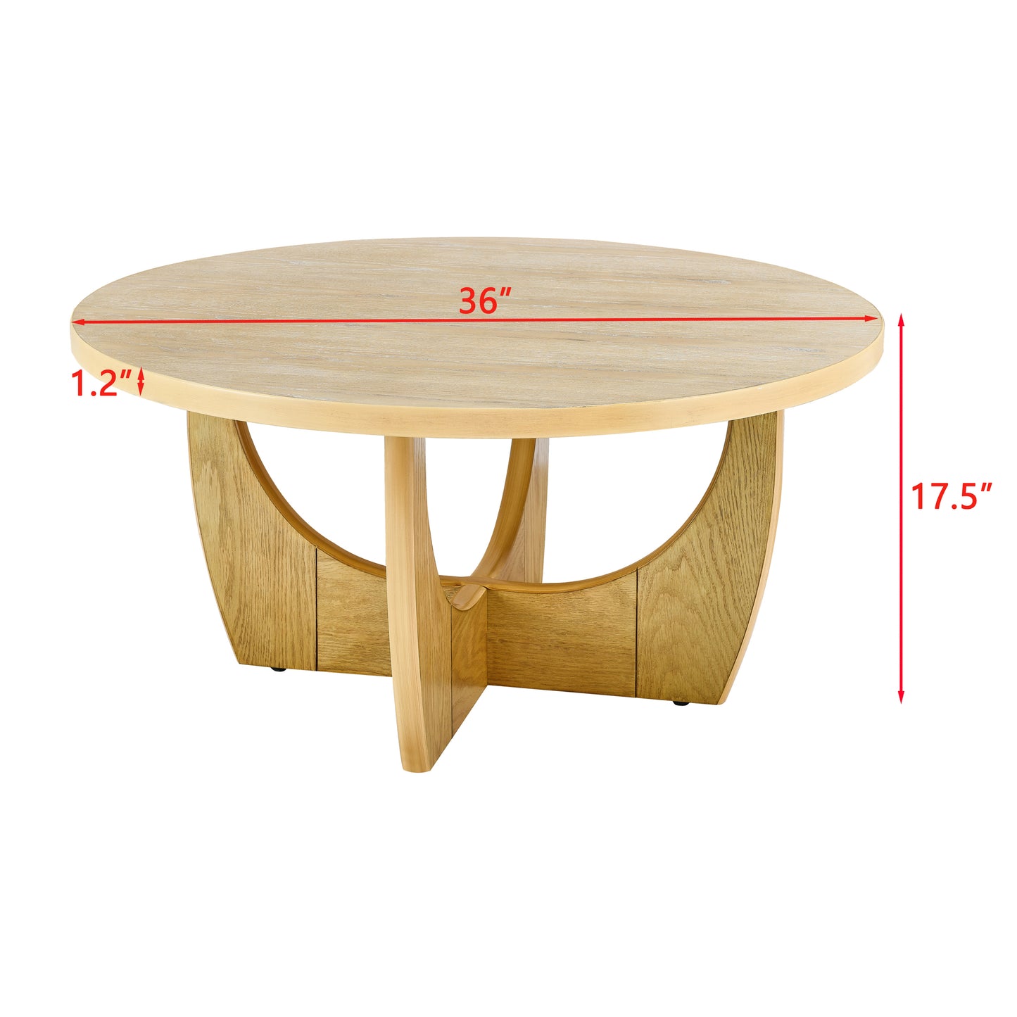 Natural wood round coffee table with a curved base inches diameter