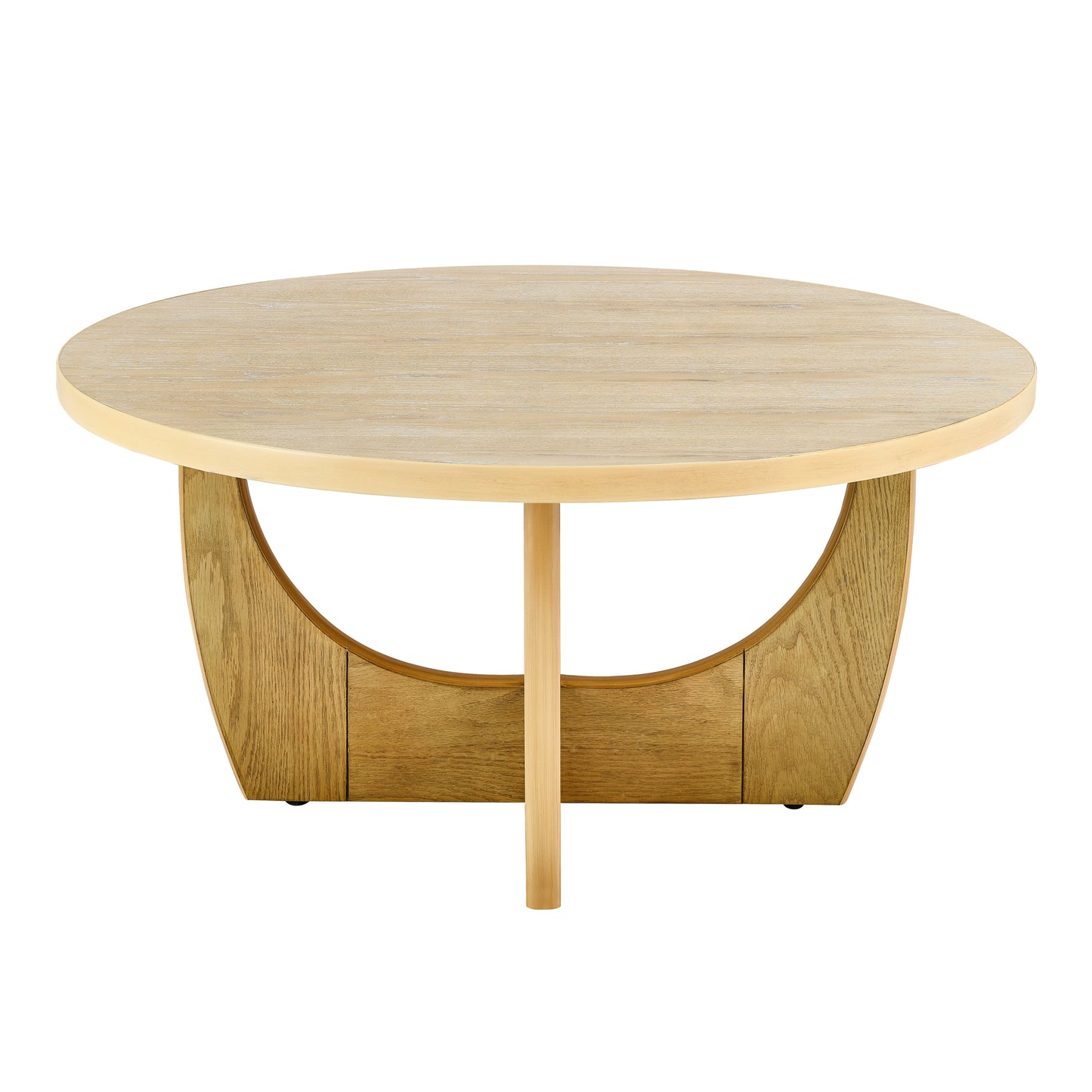 Round oak coffee table with brass rim and curved wood base