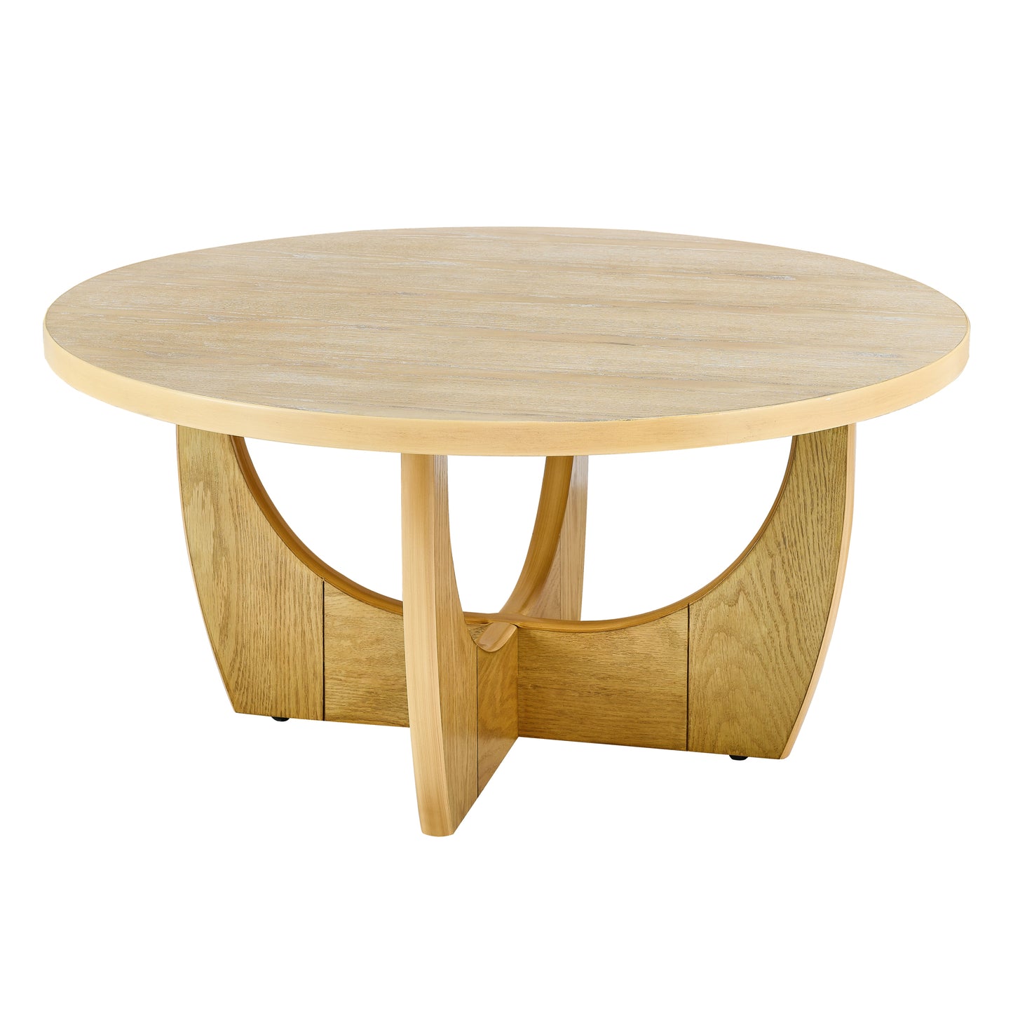 Round natural wood coffee table with curved oak base and gold trim