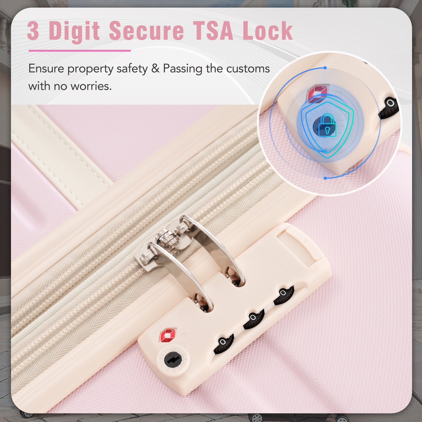 Closeup of a beige digit TSA lock on a pink suitcase with a zipper detail