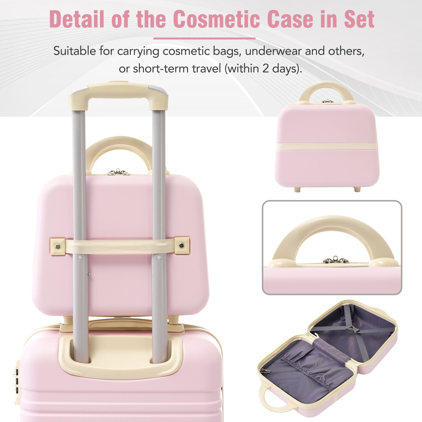 Pink cosmetic case with beige accents and TSA lock ideal for travel