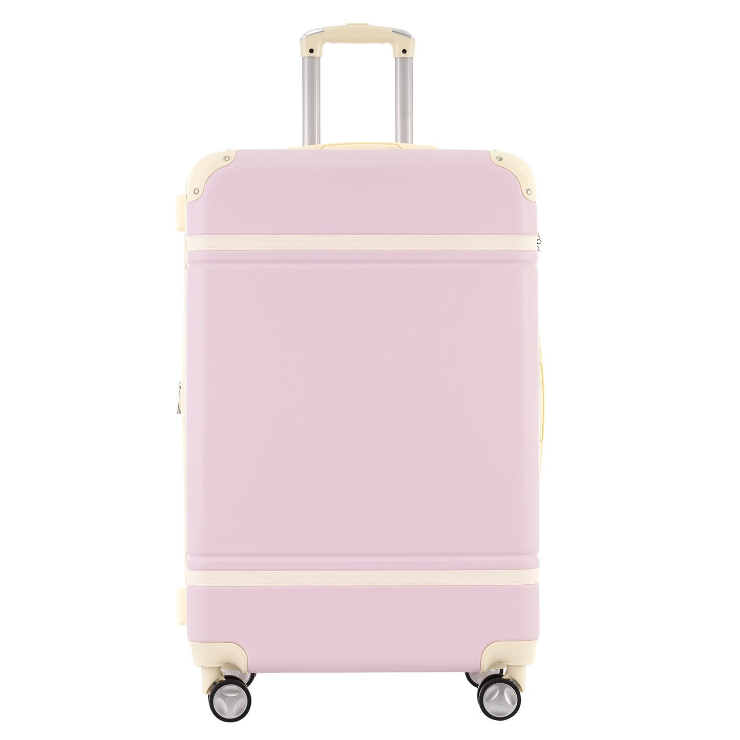 Light pink hardshell suitcase with cream accents and four spinner wheels