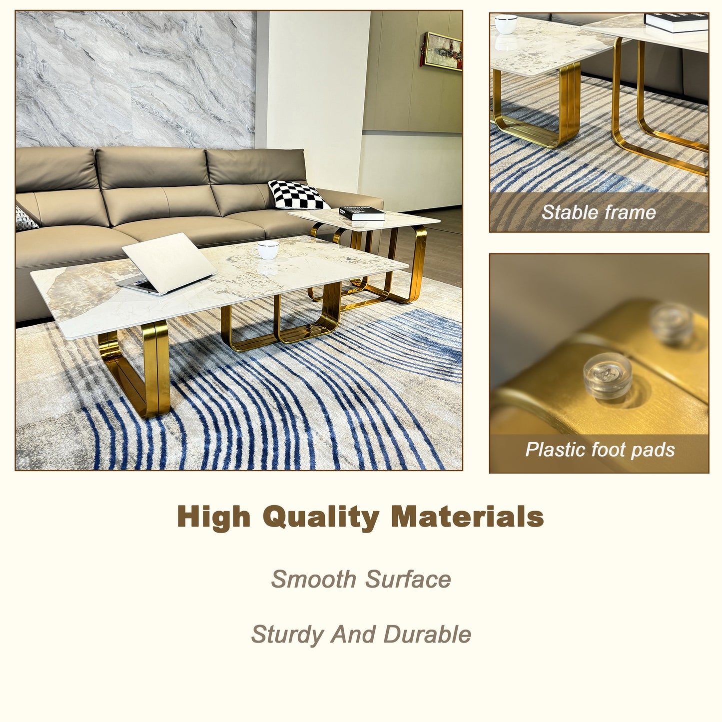 Marblelook coffee table with gold Ushaped legs and a laptop
