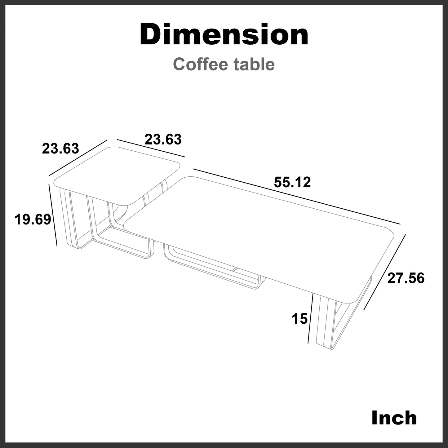 Line drawing of a modern nesting coffee table with dimensions for height width and depth in inches