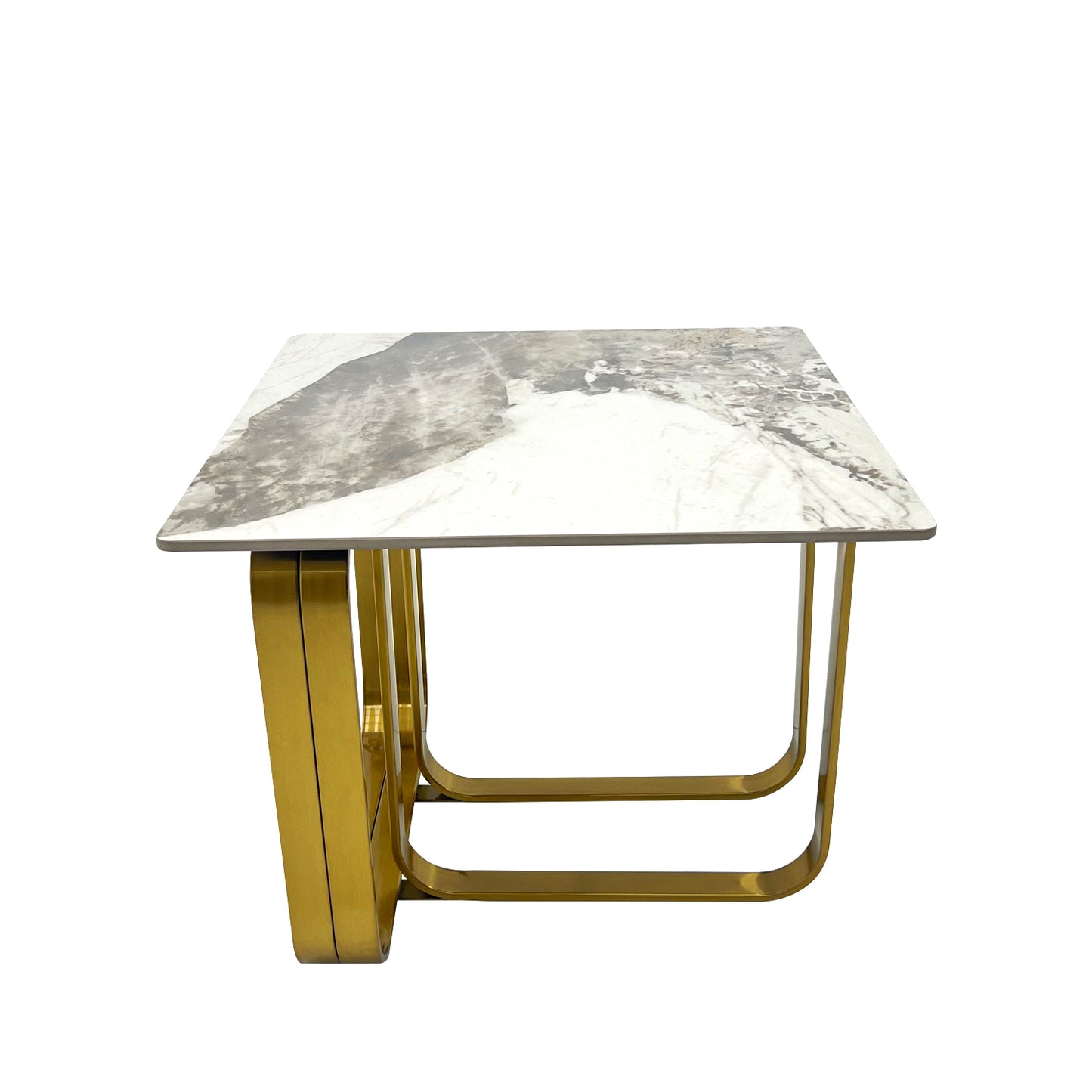 Modern rectangular sintered stone coffee table with white marble top and gold metal legs