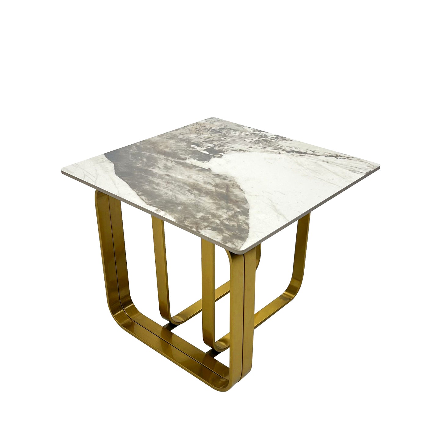 Square marble top side table with polished gold frame