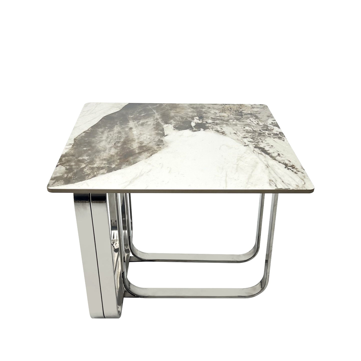 Modern square coffee table with white marble top and chrome Ushaped legs