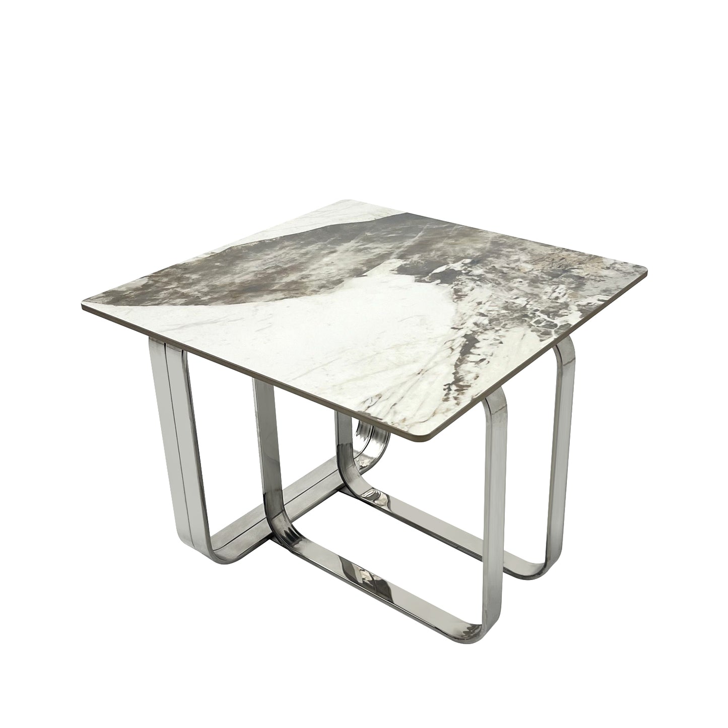 Modern side table with marblelook ceramic top and polished chrome base