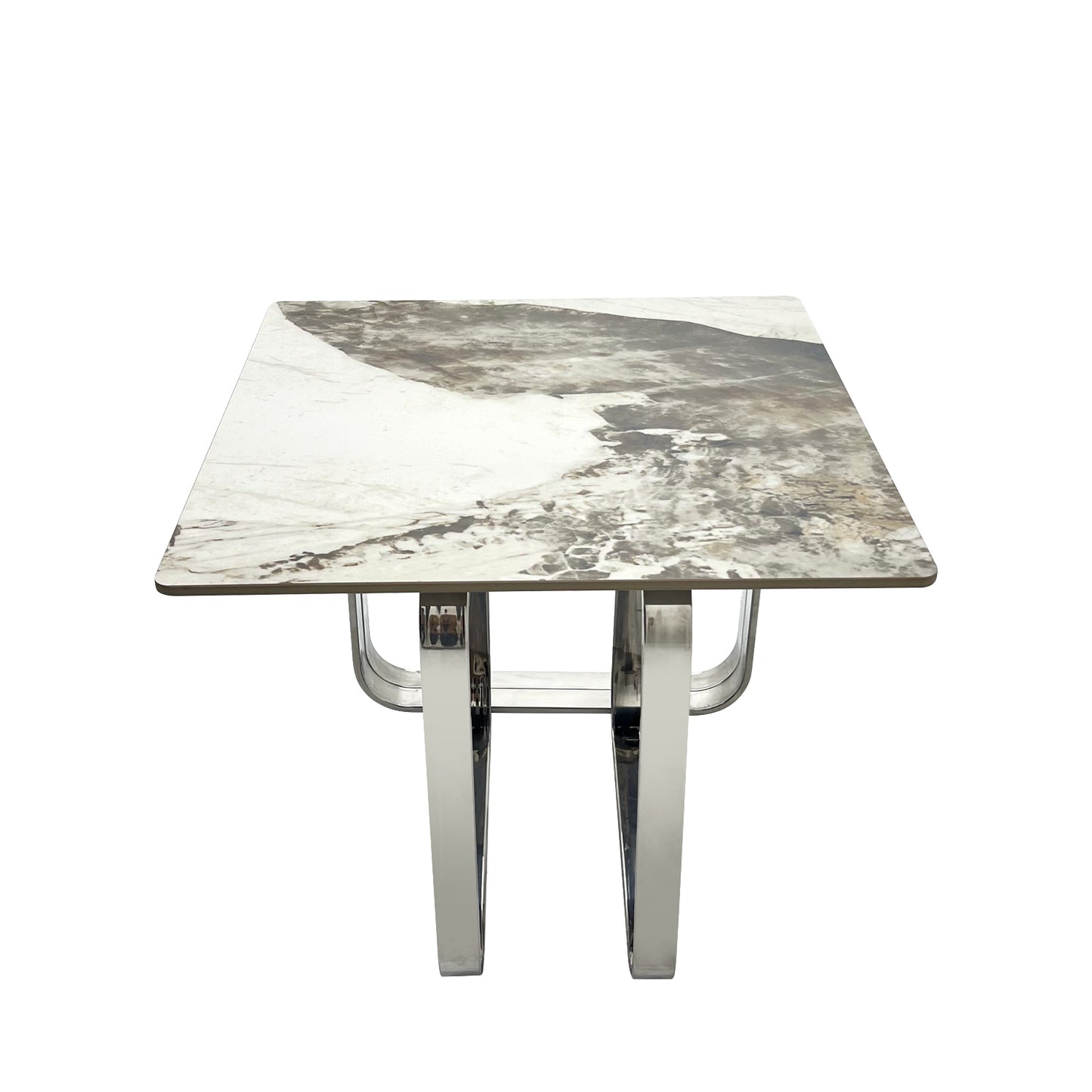 Square marble top dining table with polished chrome legs modern design