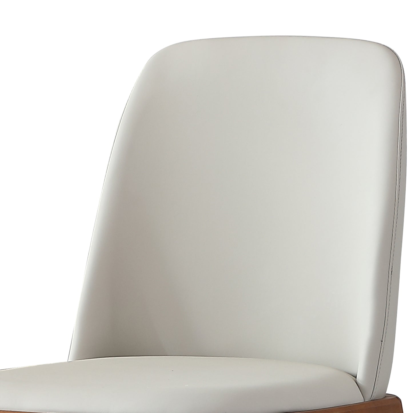 White leather dining chair with wooden base and stitched seams