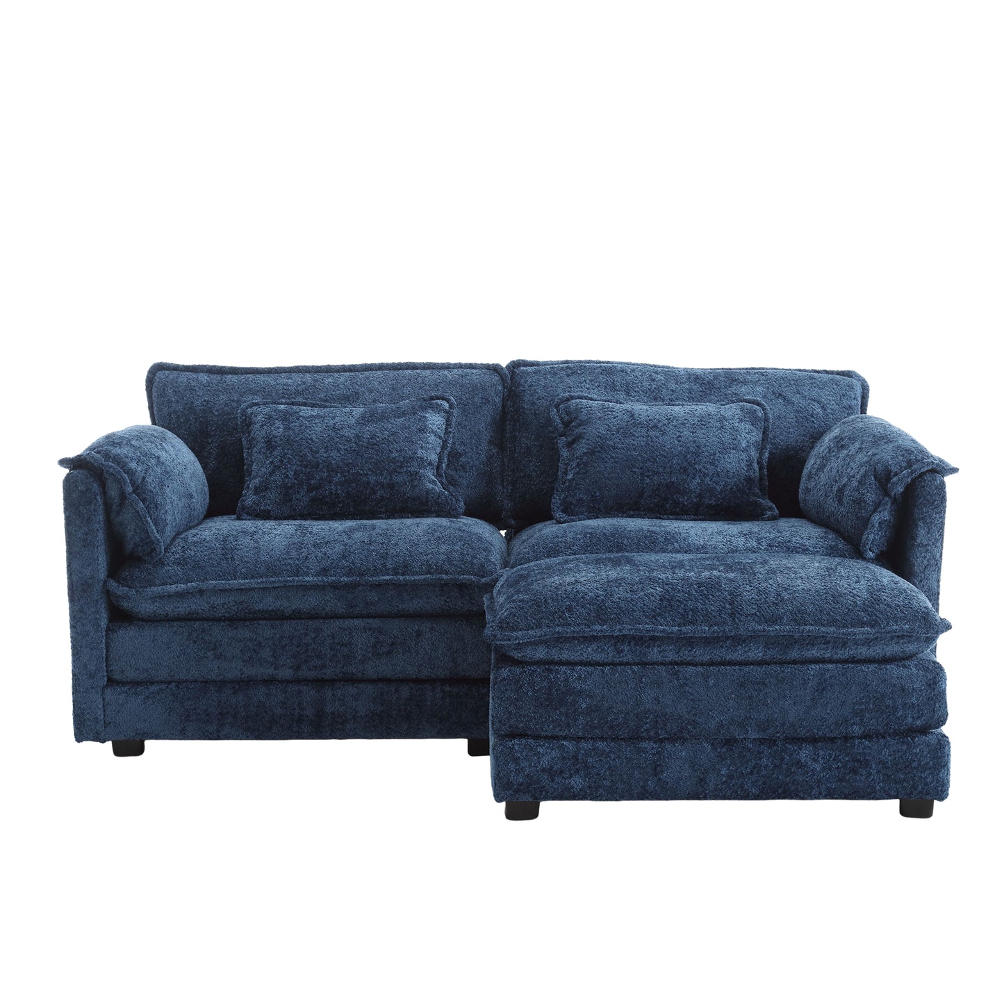 Plush navy blue sectional sofa with textured fabric and two throw pillows for modern living rooms