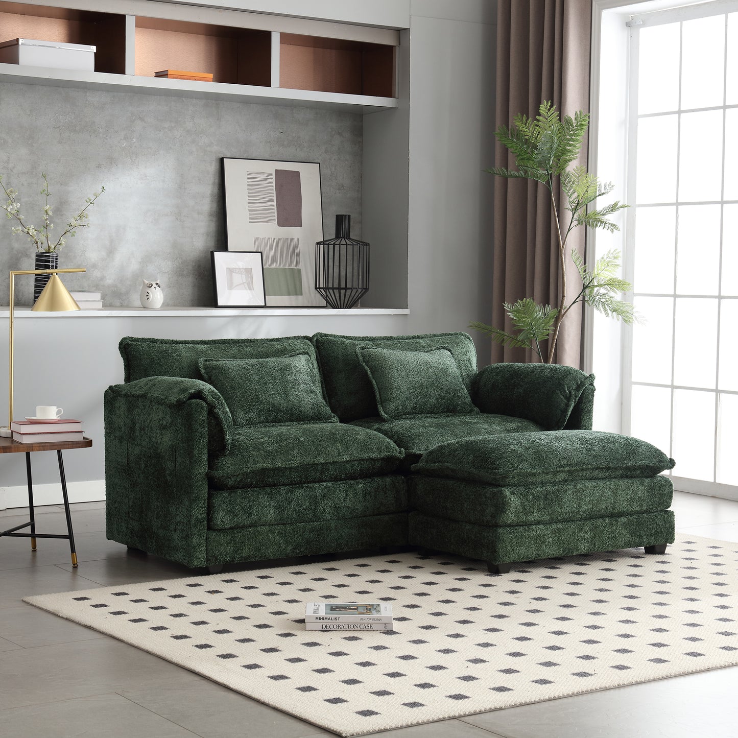 Plush forest green sectional sofa with chaise lounge and textured fabric