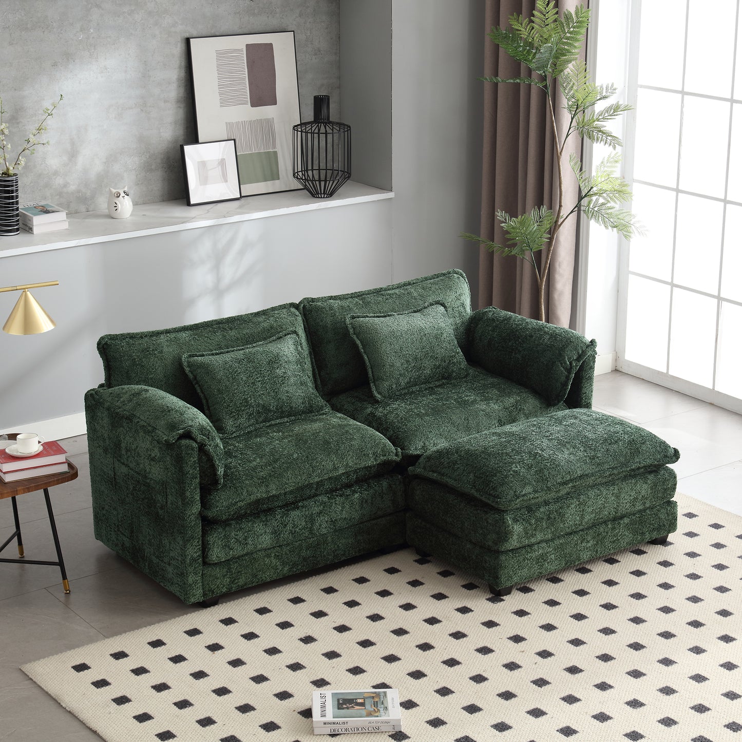 Plush emerald green sectional sofa with matching ottoman perfect for modern living rooms
