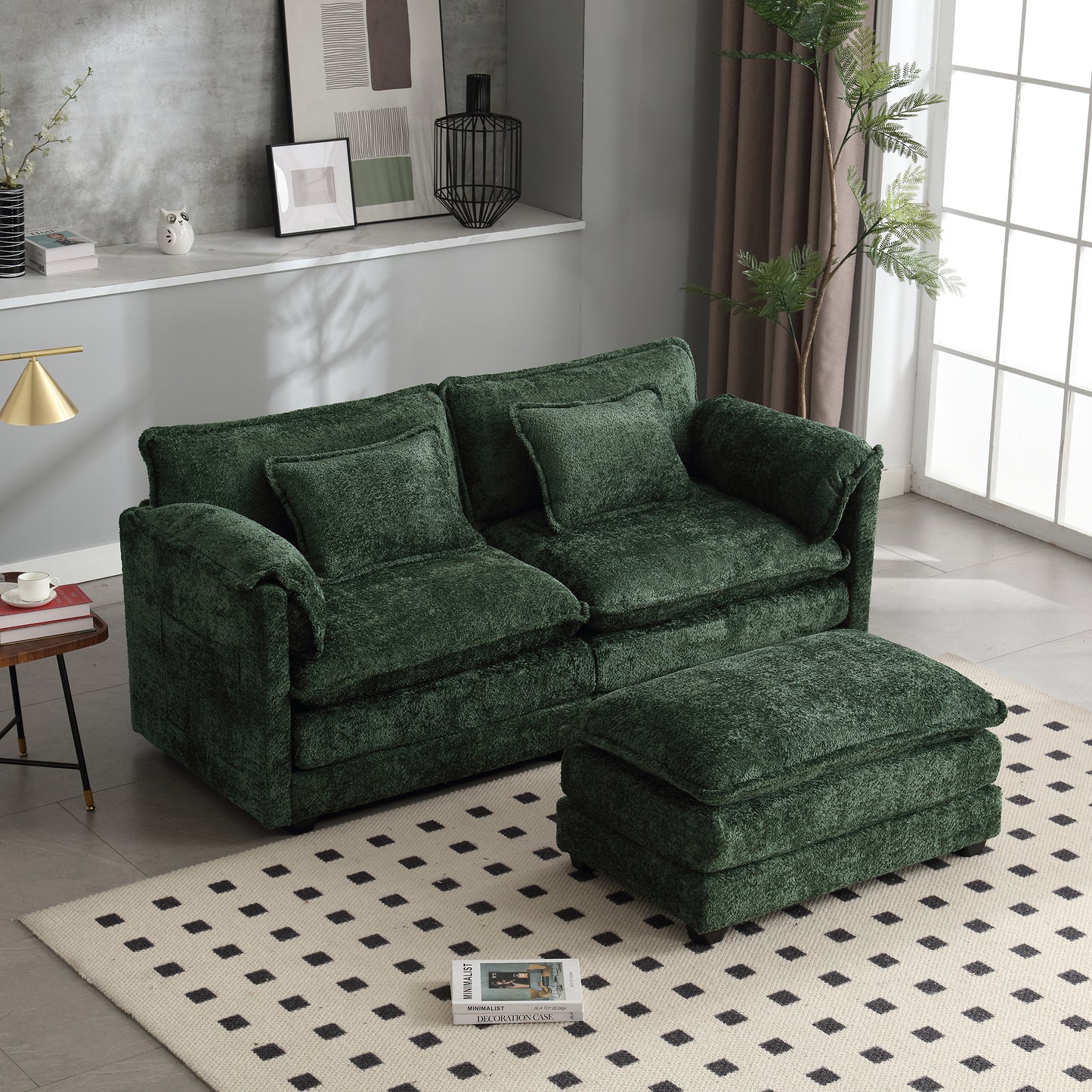 Plush emerald green sectional sofa with a matching ottoman perfect for a cozy living room