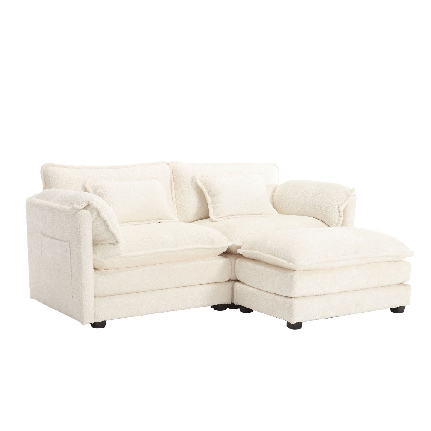 Plush cream boucle fabric sectional sofa with chaise and throw pillows for modern living rooms