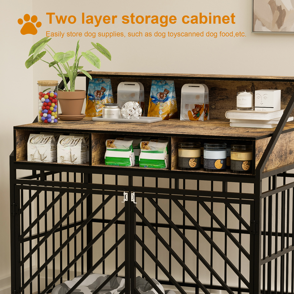 Twotier wooden dog supply cabinet with dog food bags and jars on top shelves