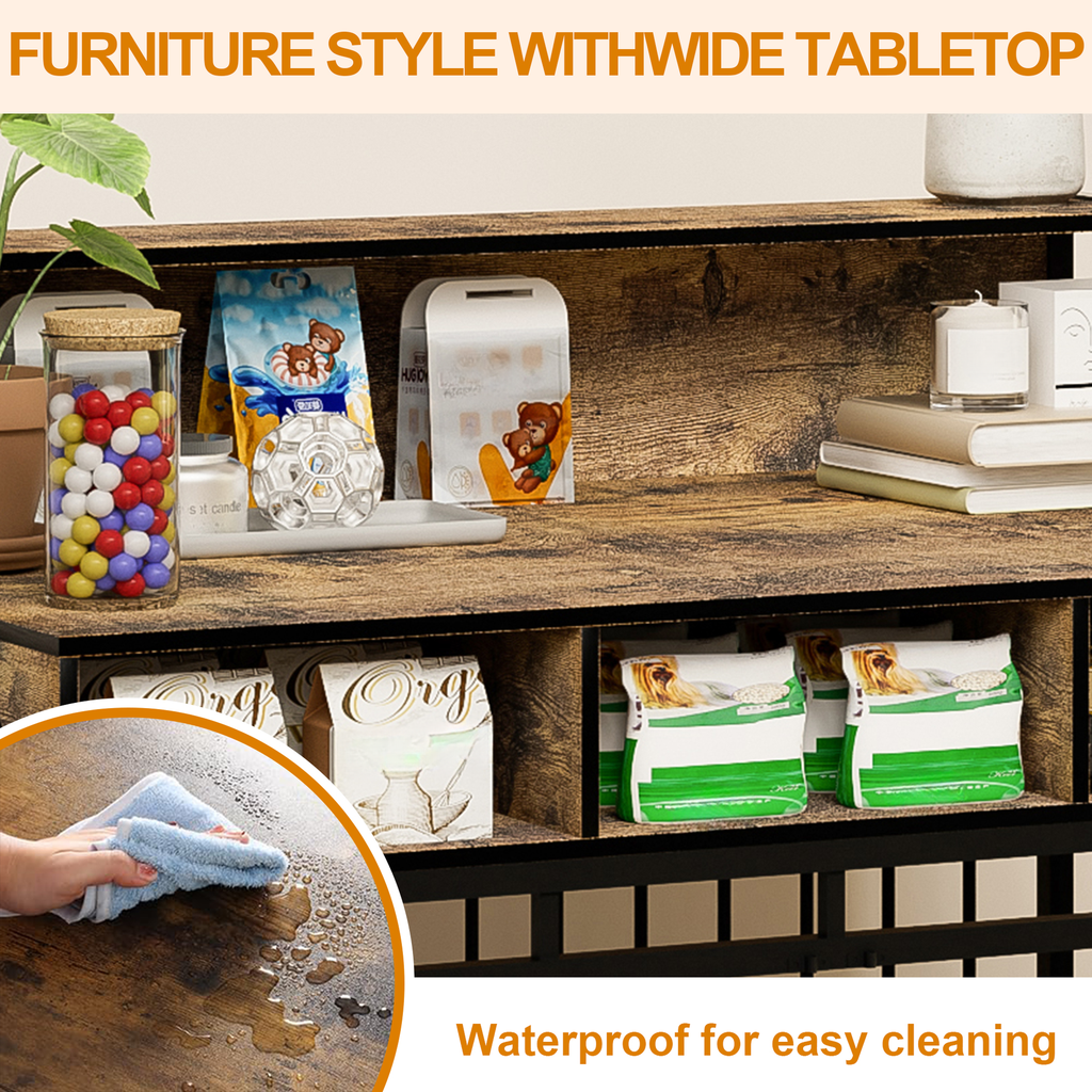 Rustic wood console table with wide tabletop displaying pet food bags