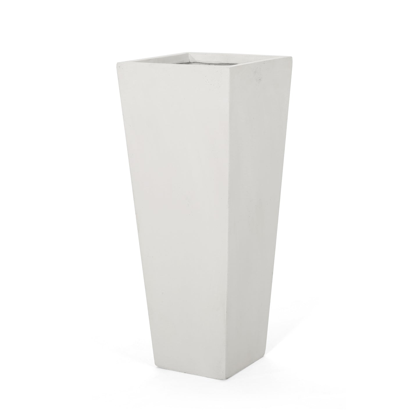 Tall white concrete planter with a tapered square design for outdoor spaces
