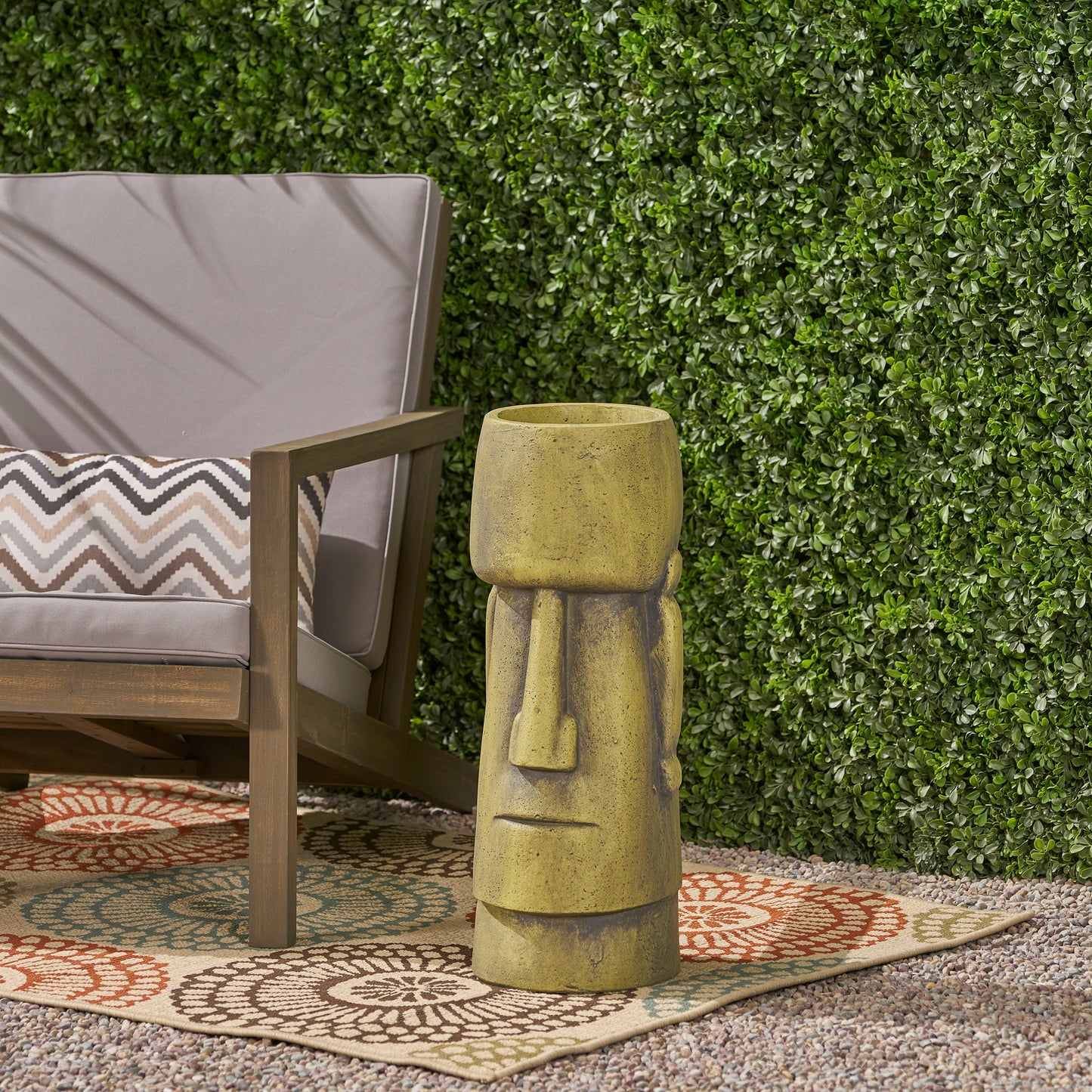 Distressed green resin Moai statue garden decor inspired by Easter Island figures