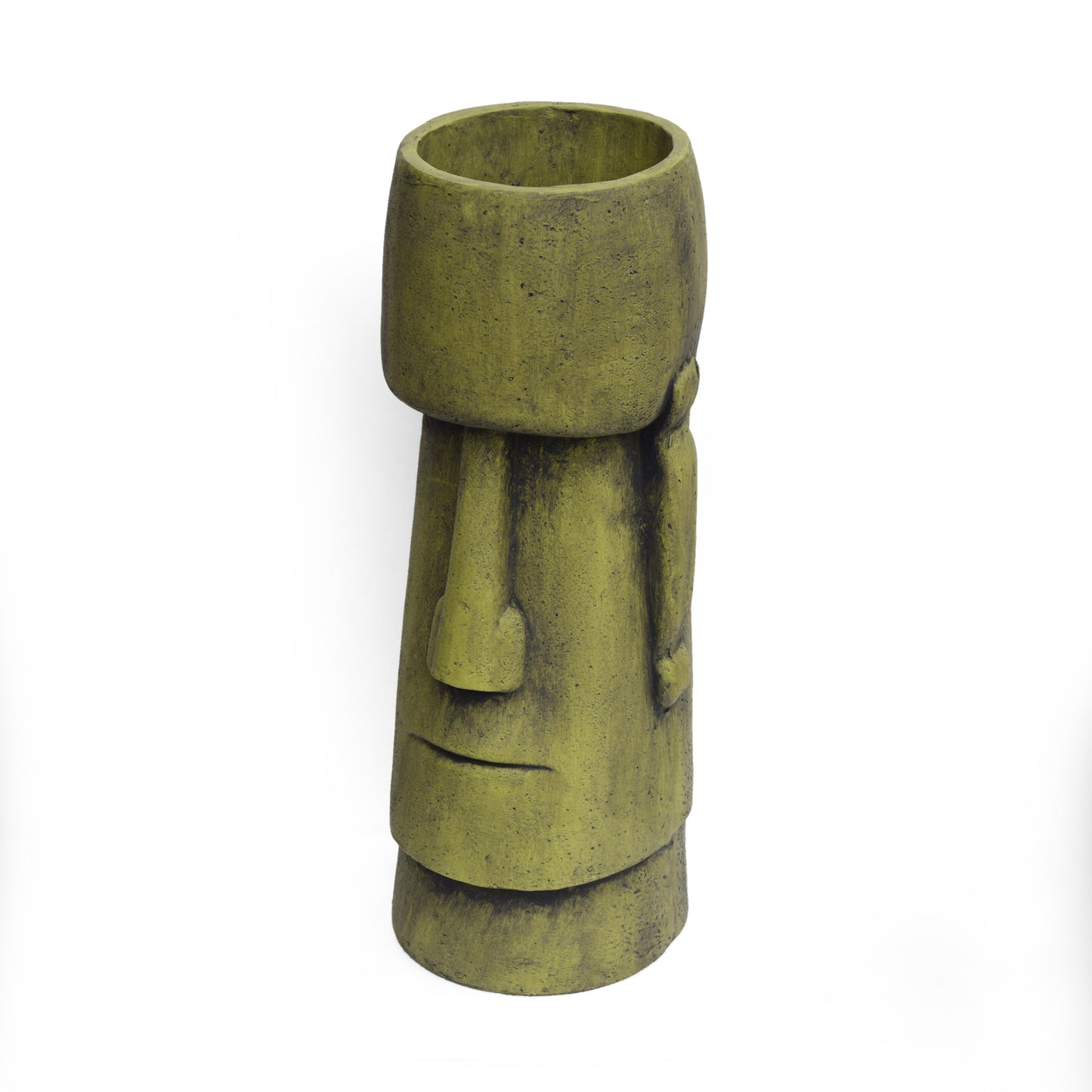 Moss green textured Moai head planter with a wide opening for plants