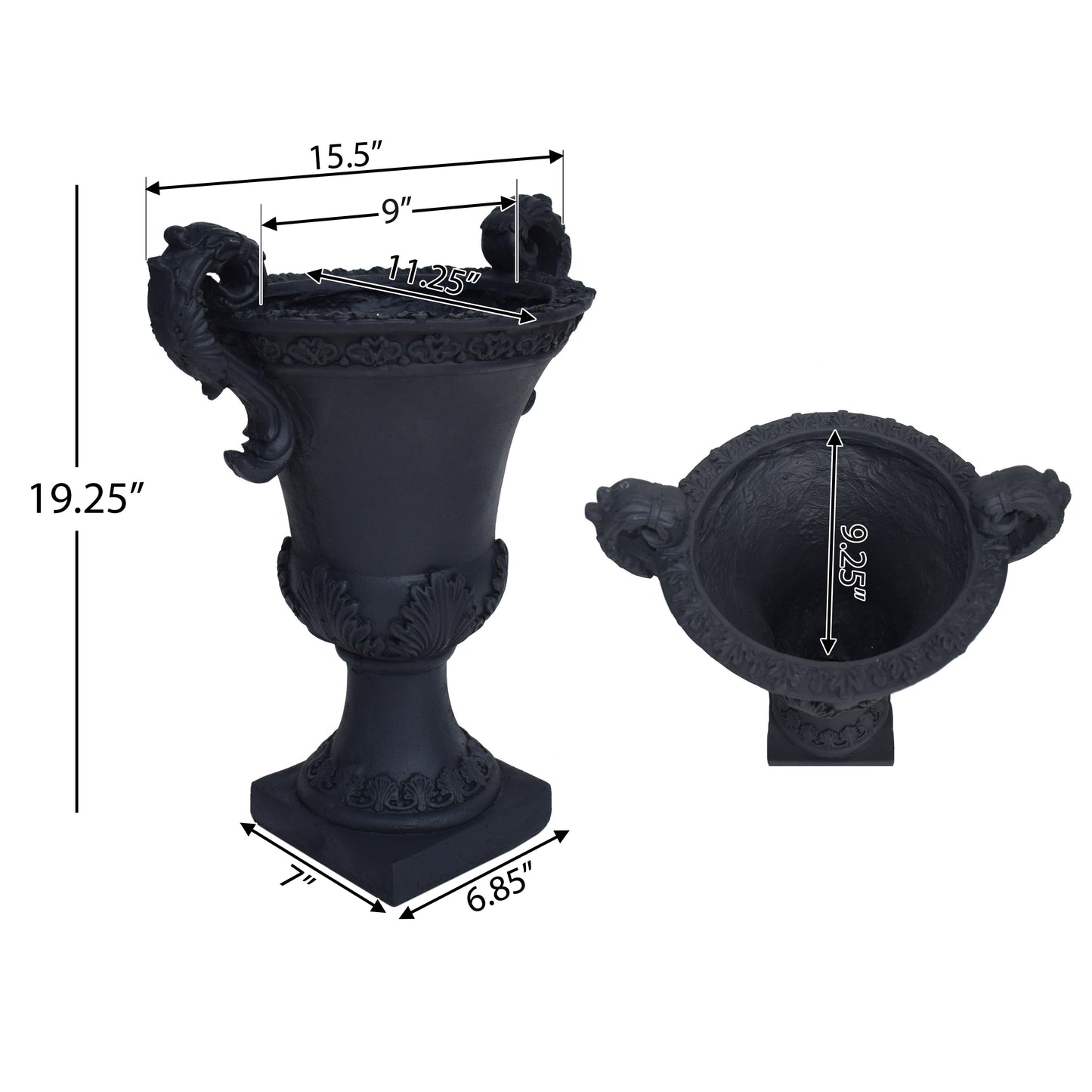 Ornate black cast iron urn with lion head handles tall