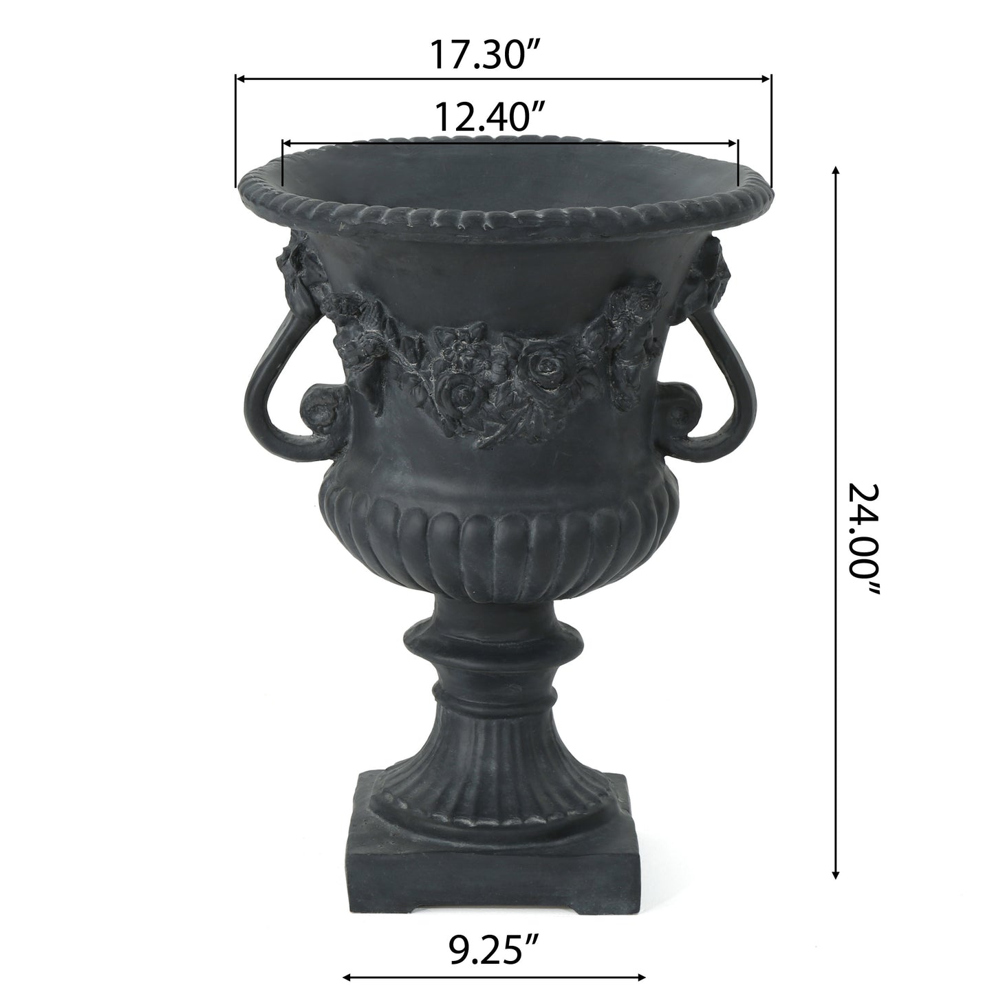 Black urn planter with ornate rose detailing and handles perfect for garden decor