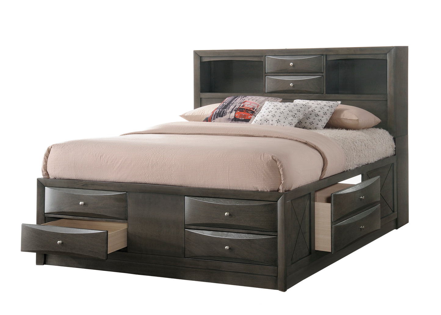 Dark grey wooden storage bed frame with multiple drawers and headboard shelves