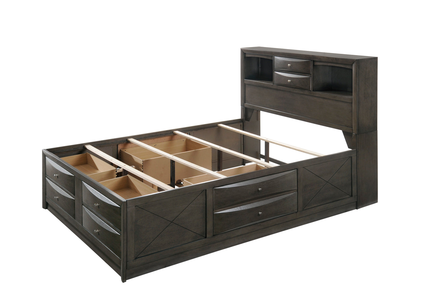 Dark gray wood queen storage bed frame with integrated headboard shelves and drawers