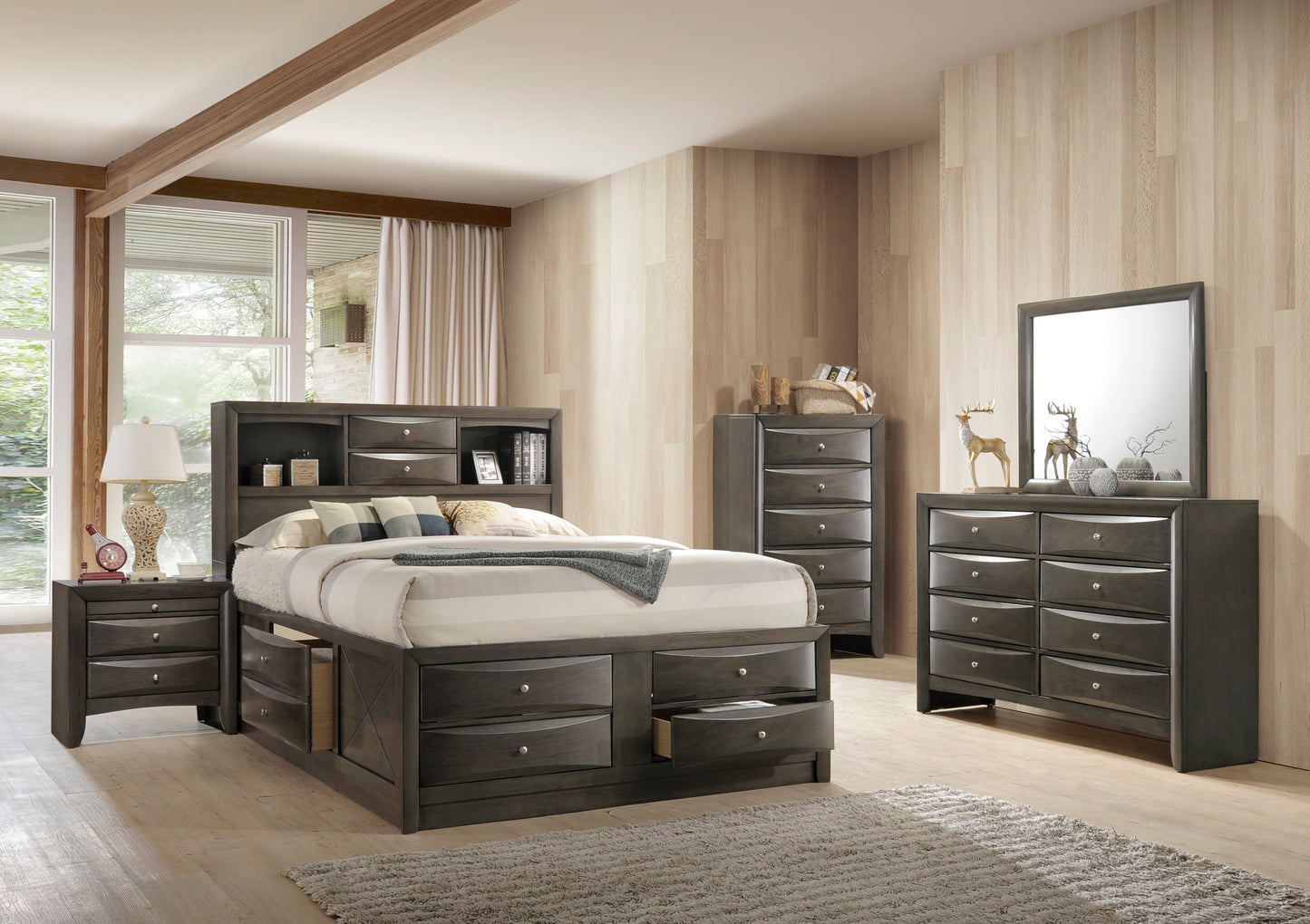 Gray wood bed frame with multiple storage drawers featuring a headboard with shelves and bedside tables