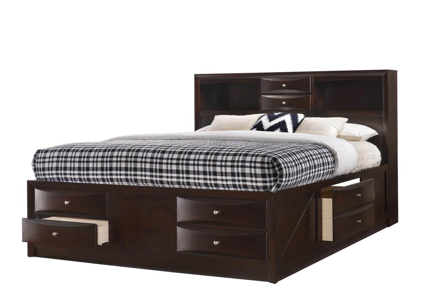Dark wood storage bed with multiple drawers and a headboard shelf featuring black and white checkered bedding
