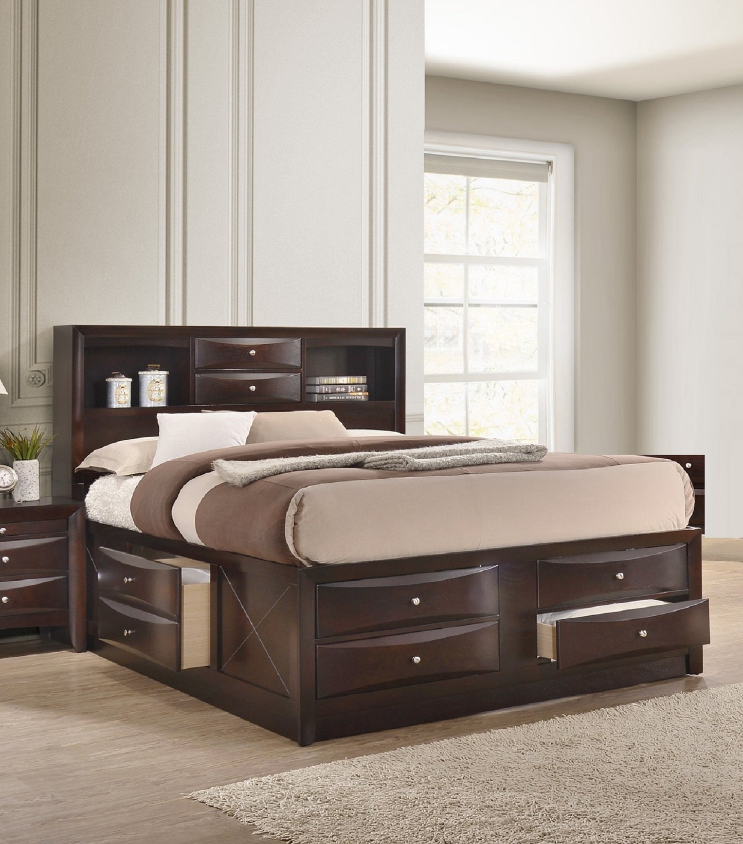 Dark brown Queen storage bed with headboard shelves and eight drawers for ample storage