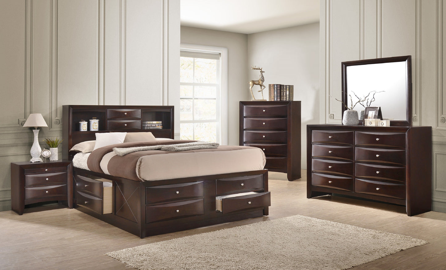 Dark cherry wood bed frame with integrated storage drawers and headboard bookshelf