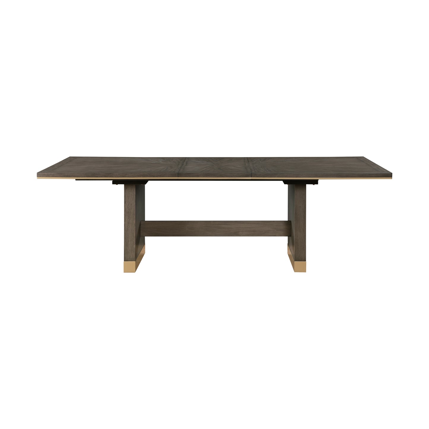 Dark wood dining table with gold accents and Hshaped pedestal base