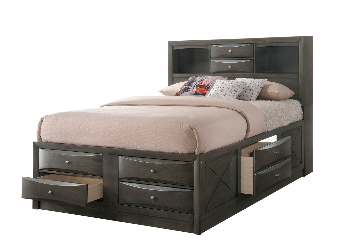 Dark grey wood storage bed frame with bookcase headboard and drawers