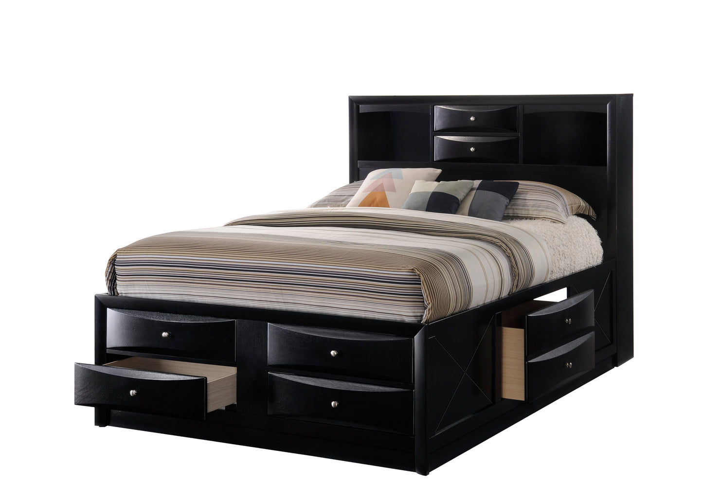 Black wooden platform bed with ample storage drawers and a shelved headboard