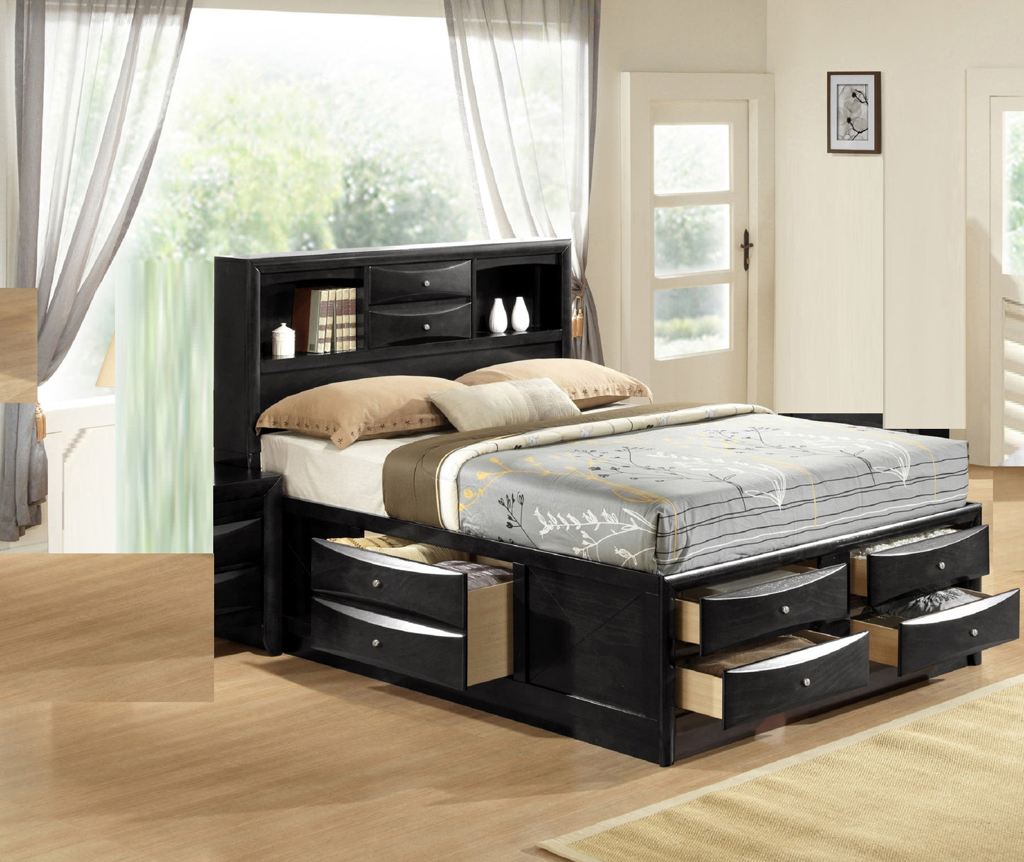 Black wooden storage bed frame with headboard shelves and drawers
